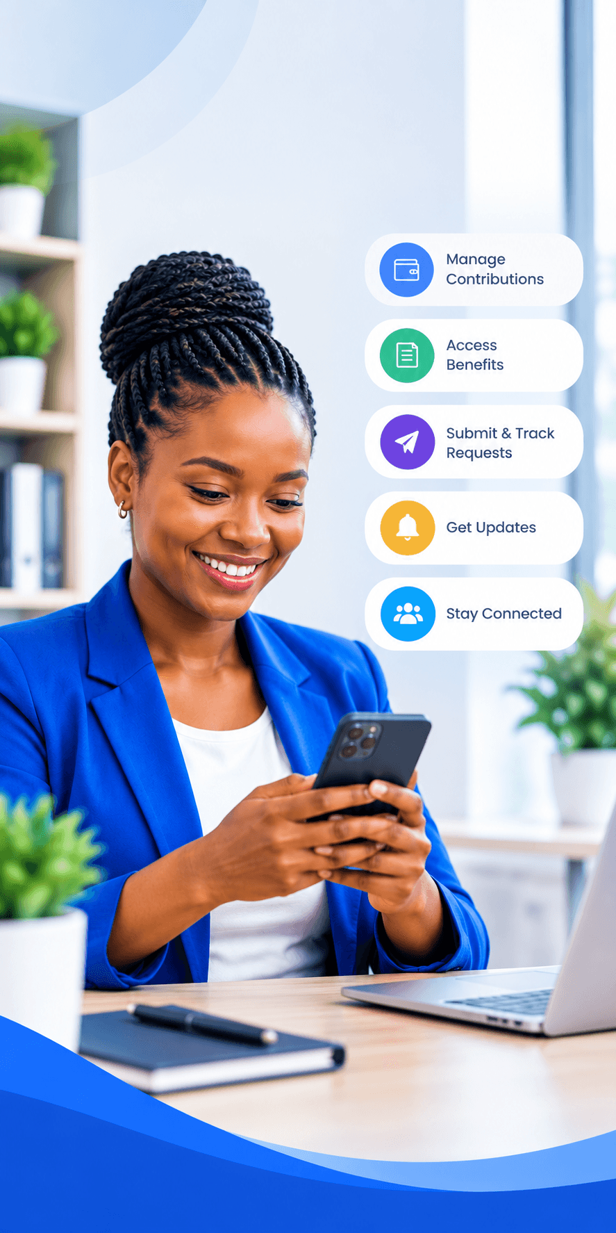 A university staff member using Uni Staff Welfare on her phone to manage contributions, benefits and requests